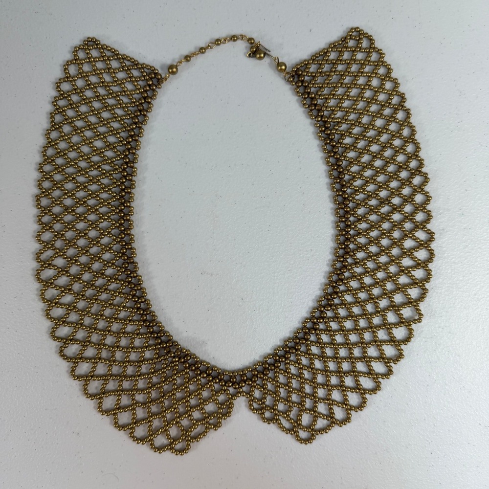 Vintage Necklace Peter Pan Collar Beaded Openwork Lattice Antique Gold Tone - Picture 6 of 8